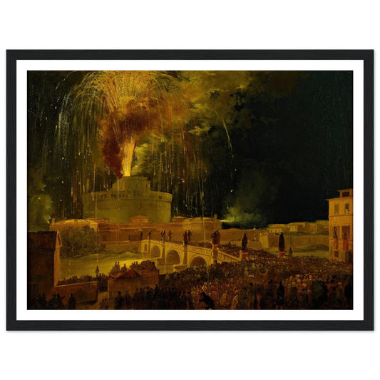 La Girandola Fireworks From Castel Sant’angelo In Rome (1830s) Art Print | Ippolito Caffi - Framed Poster - 30x40 cm / 12x16″ - Black frame