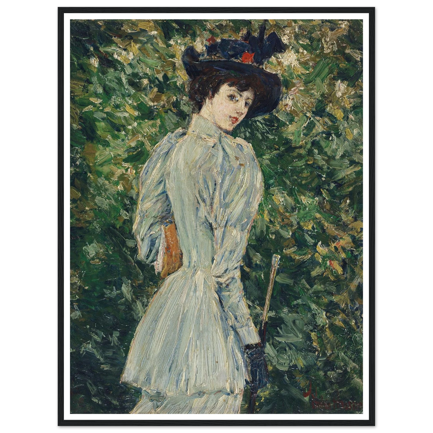 Lady in a Garden (circa 1900) Art Print | Childe Hassam - Framed Poster - 30x40 cm / 12x16″ - Black frame
