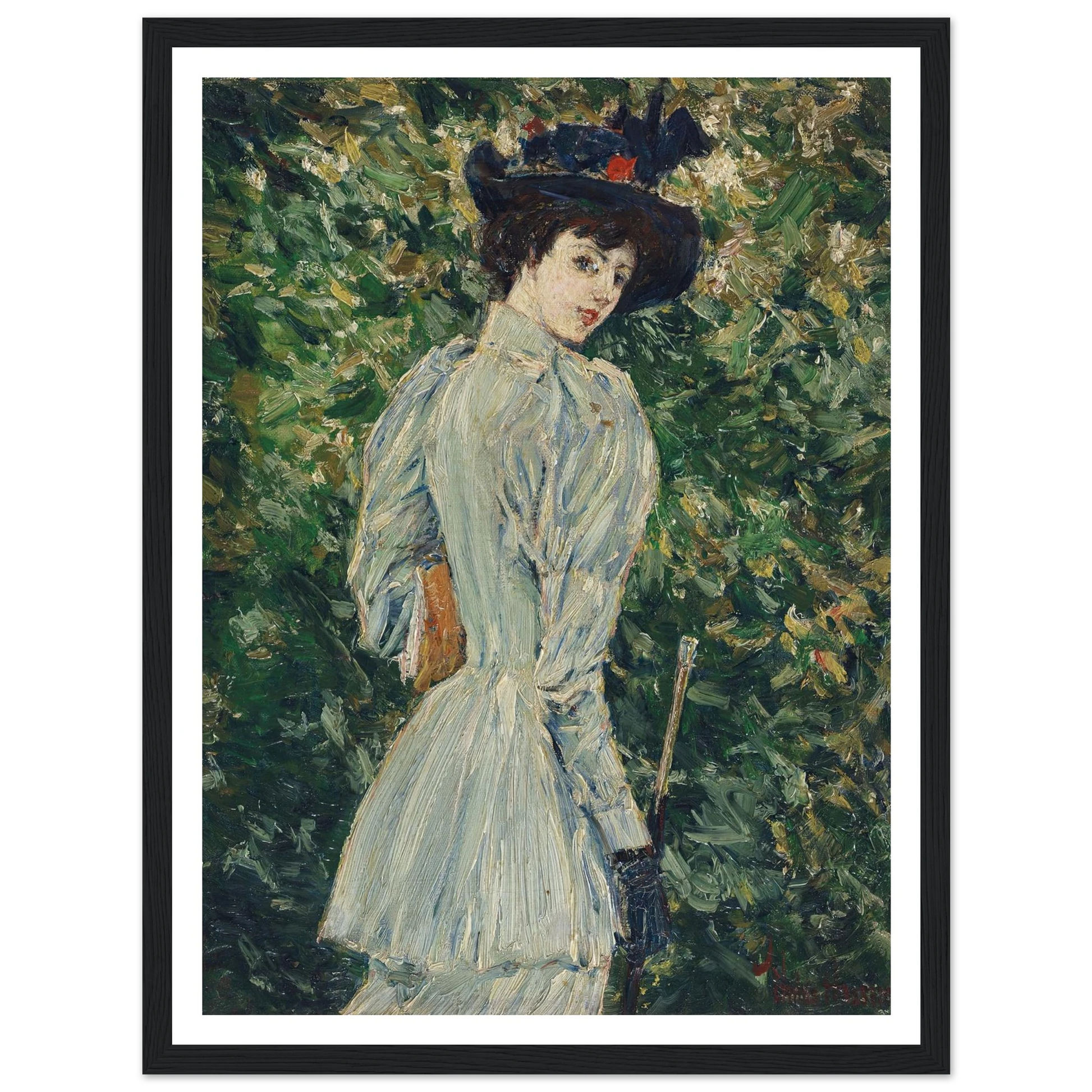 Lady in a Garden (circa 1900) Art Print | Childe Hassam - Framed Poster - 30x40 cm / 12x16″ - Black frame