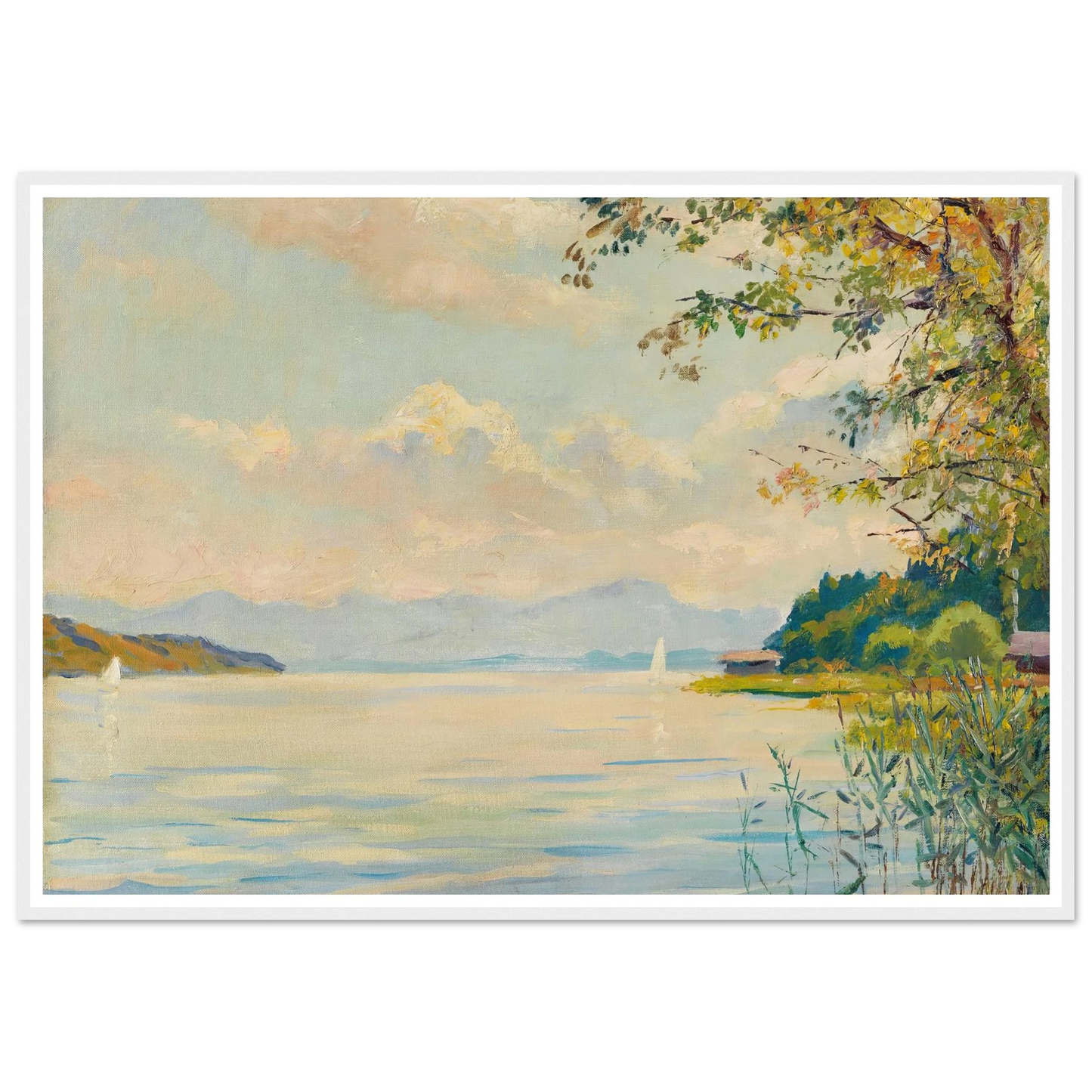 Lake Starnberg – distant view (1920) Art Print | Edward Cucuel - Framed Poster - 30x40 cm / 12x16″ - Black frame