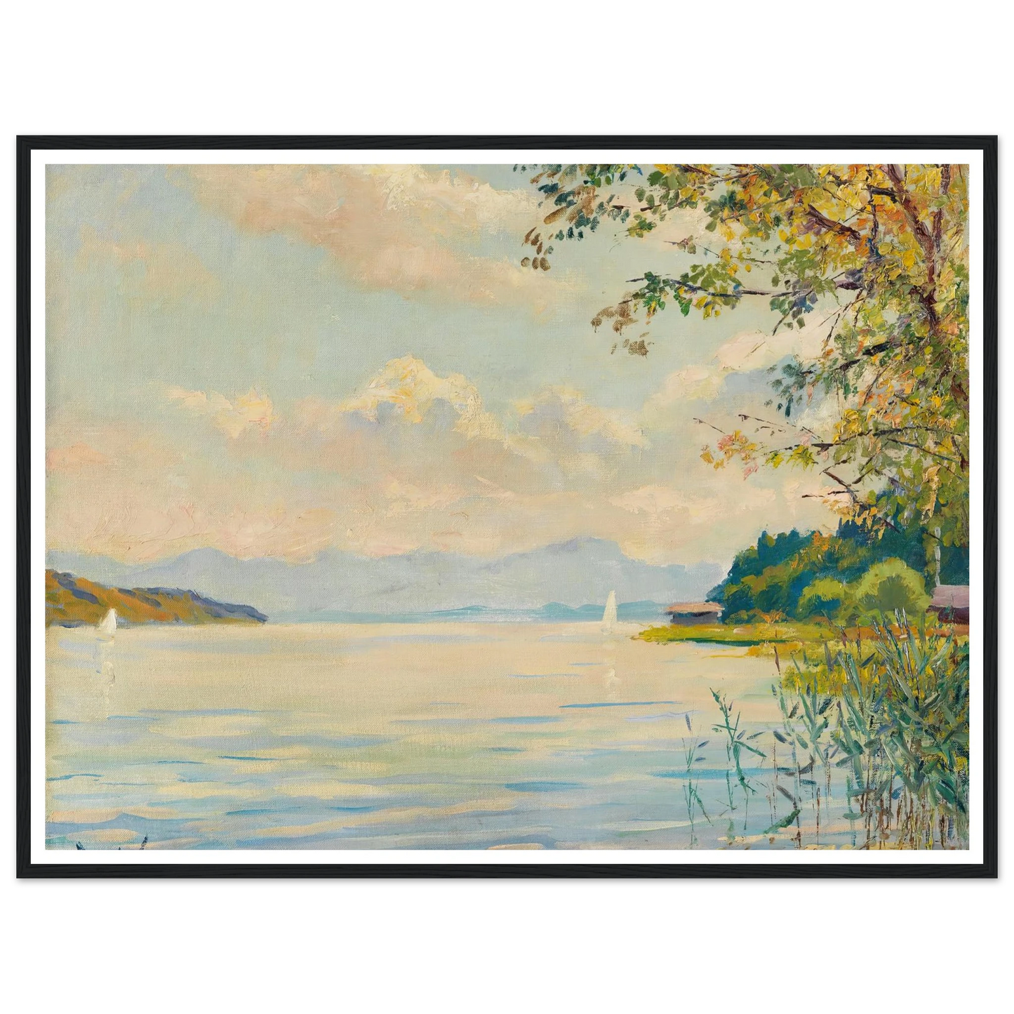 Lake Starnberg – distant view (1920) Art Print | Edward Cucuel - Framed Poster - 30x40 cm / 12x16″ - Black frame