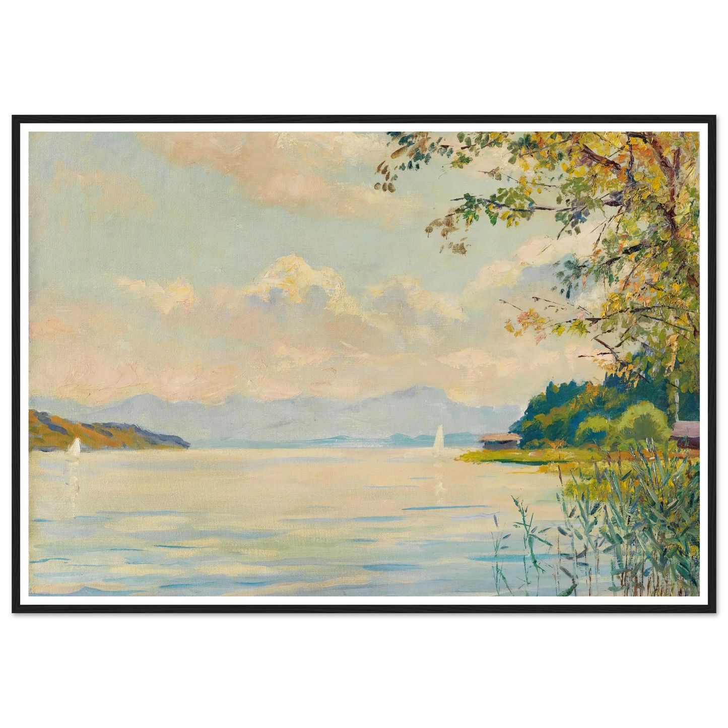 Lake Starnberg – distant view (1920) Art Print | Edward Cucuel - Framed Poster - 30x40 cm / 12x16″ - Black frame