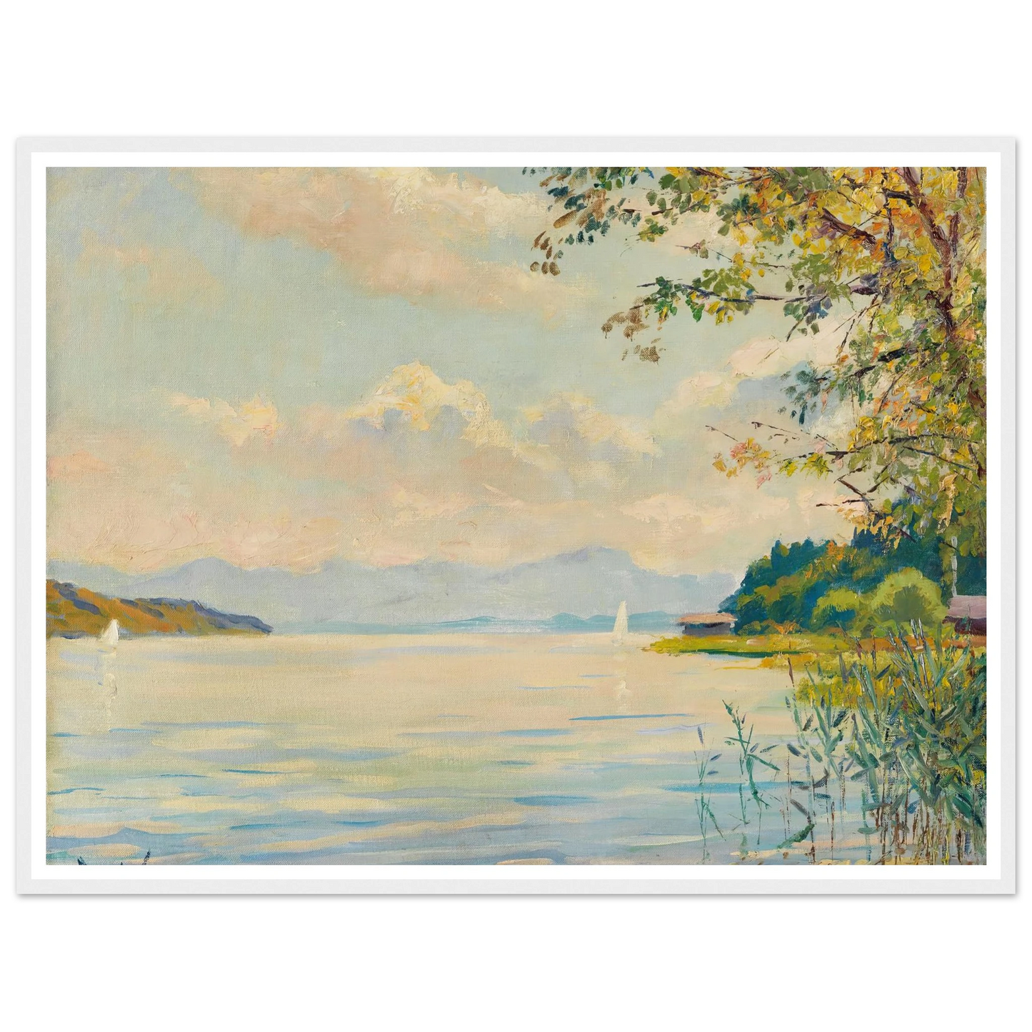 Lake Starnberg – distant view (1920) Art Print | Edward Cucuel - Framed Poster - 30x40 cm / 12x16″ - Black frame