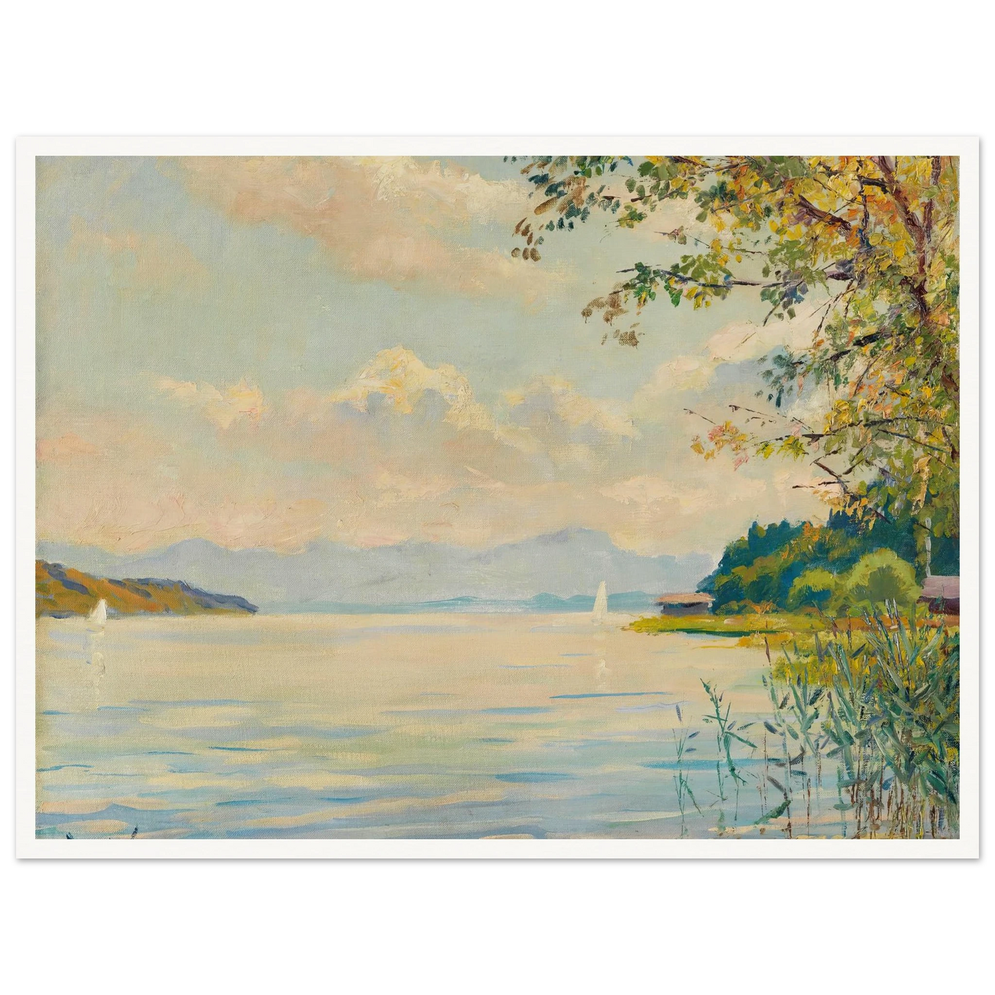 Lake Starnberg – distant view (1920) Art Print | Edward Cucuel - Framed Poster - 30x40 cm / 12x16″ - Black frame