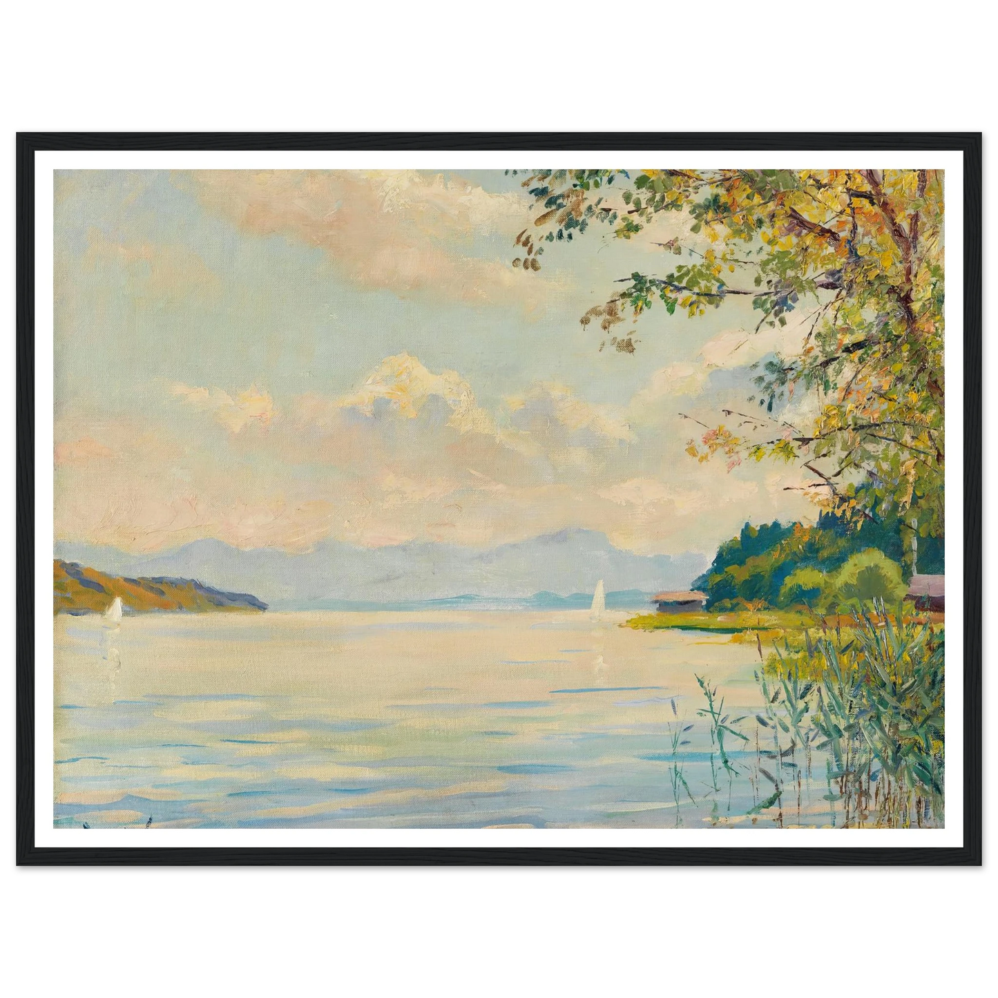 Lake Starnberg – distant view (1920) Art Print | Edward Cucuel - Framed Poster - 30x40 cm / 12x16″ - Black frame