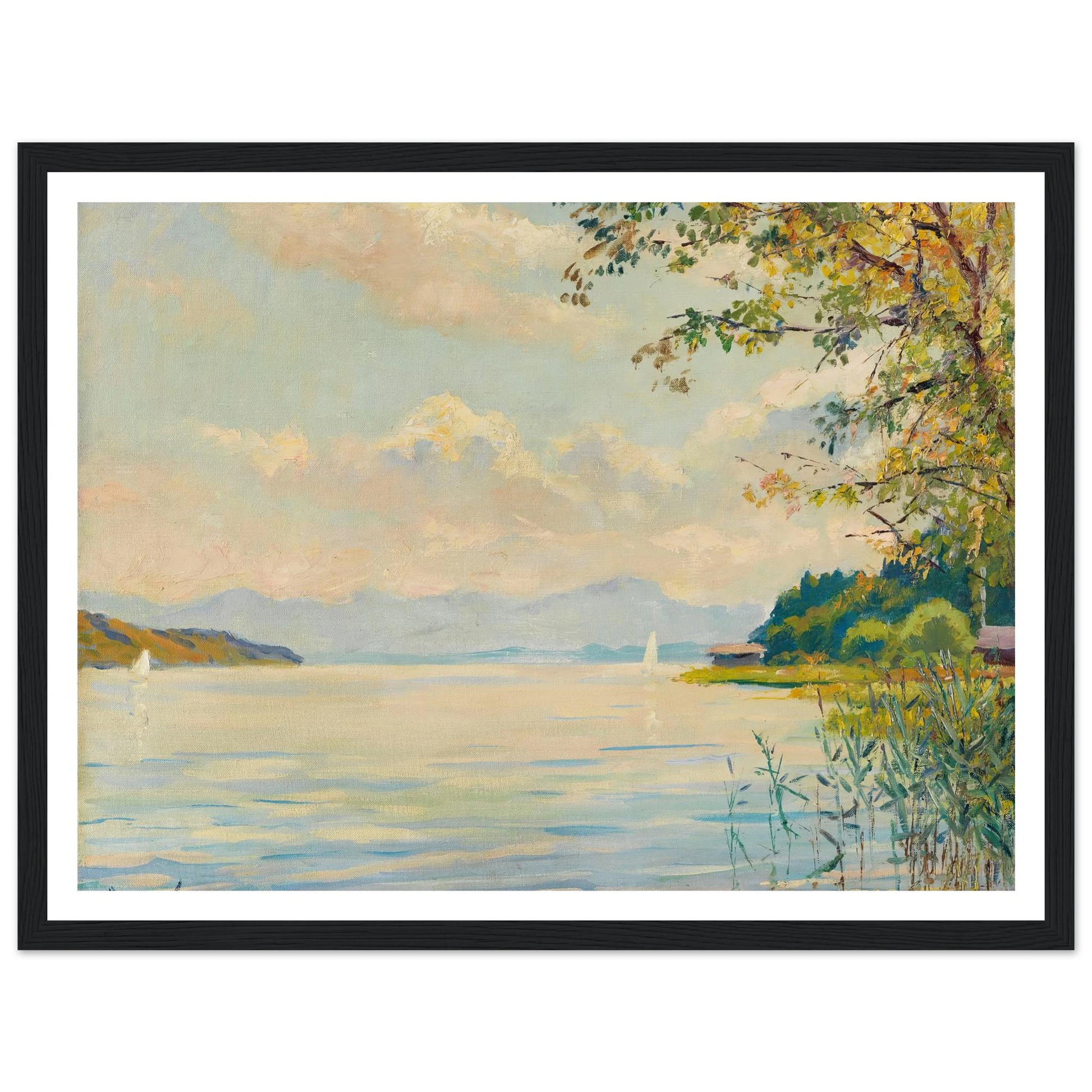 Lake Starnberg – distant view (1920) Art Print | Edward Cucuel - Framed Poster - 30x40 cm / 12x16″ - Black frame