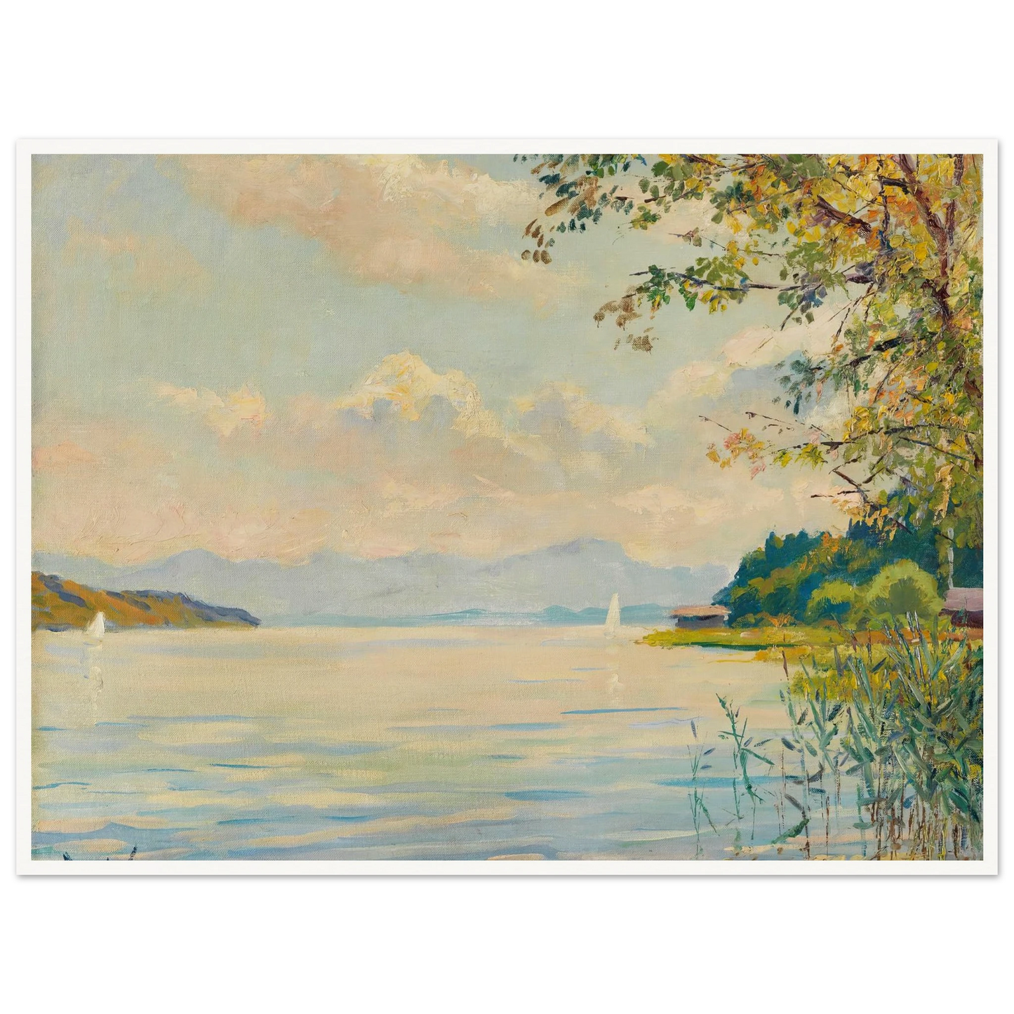 Lake Starnberg – distant view (1920) Art Print | Edward Cucuel - Framed Poster - 30x40 cm / 12x16″ - Black frame