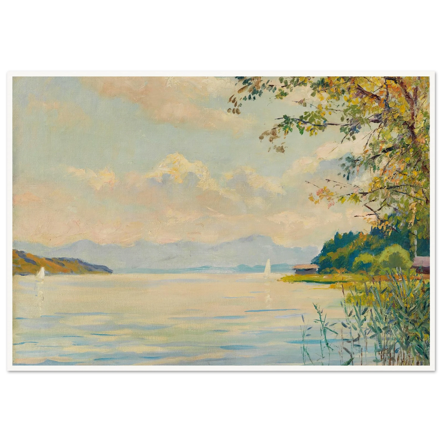 Lake Starnberg – distant view (1920) Art Print | Edward Cucuel - Framed Poster - 30x40 cm / 12x16″ - Black frame