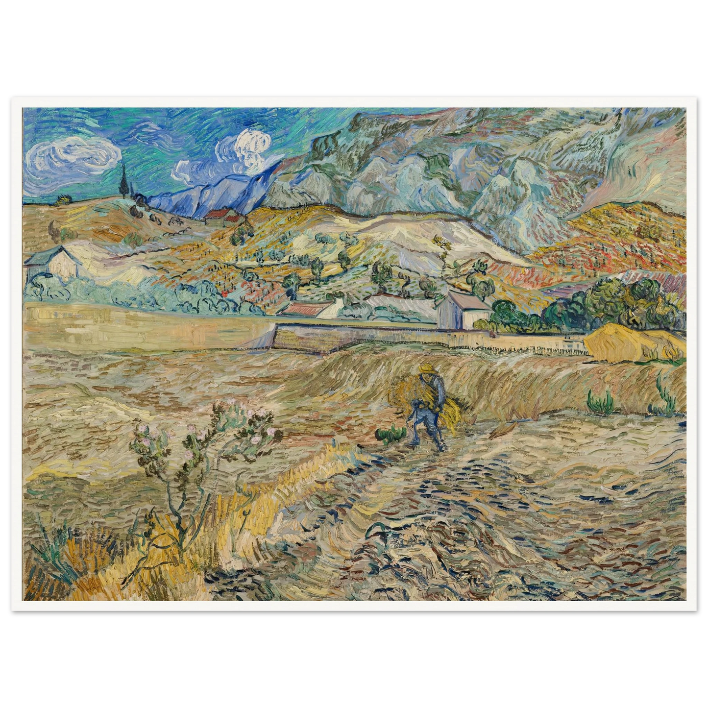 Landscape at Saint-Rémy (Enclosed Field with Peasant) (1889) Art Print | Vincent van Gogh - Framed Poster - 30x40 cm / 12x16″ - Black frame
