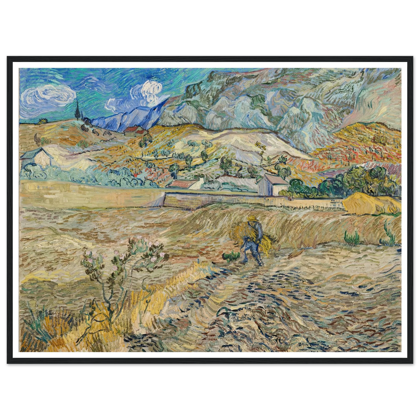 Landscape at Saint-Rémy (Enclosed Field with Peasant) (1889) Art Print | Vincent van Gogh - Framed Poster - 30x40 cm / 12x16″ - Black frame