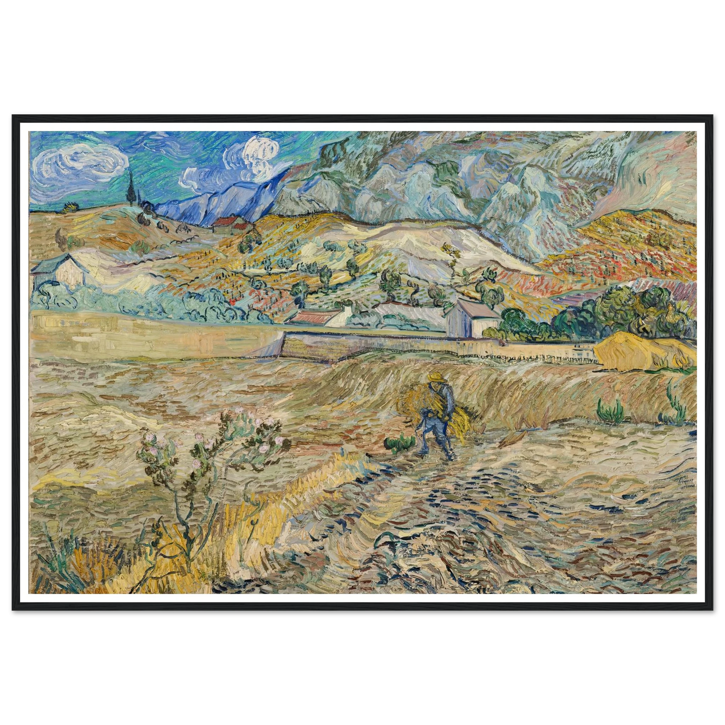Landscape at Saint-Rémy (Enclosed Field with Peasant) (1889) Art Print | Vincent van Gogh - Framed Poster - 30x40 cm / 12x16″ - Black frame