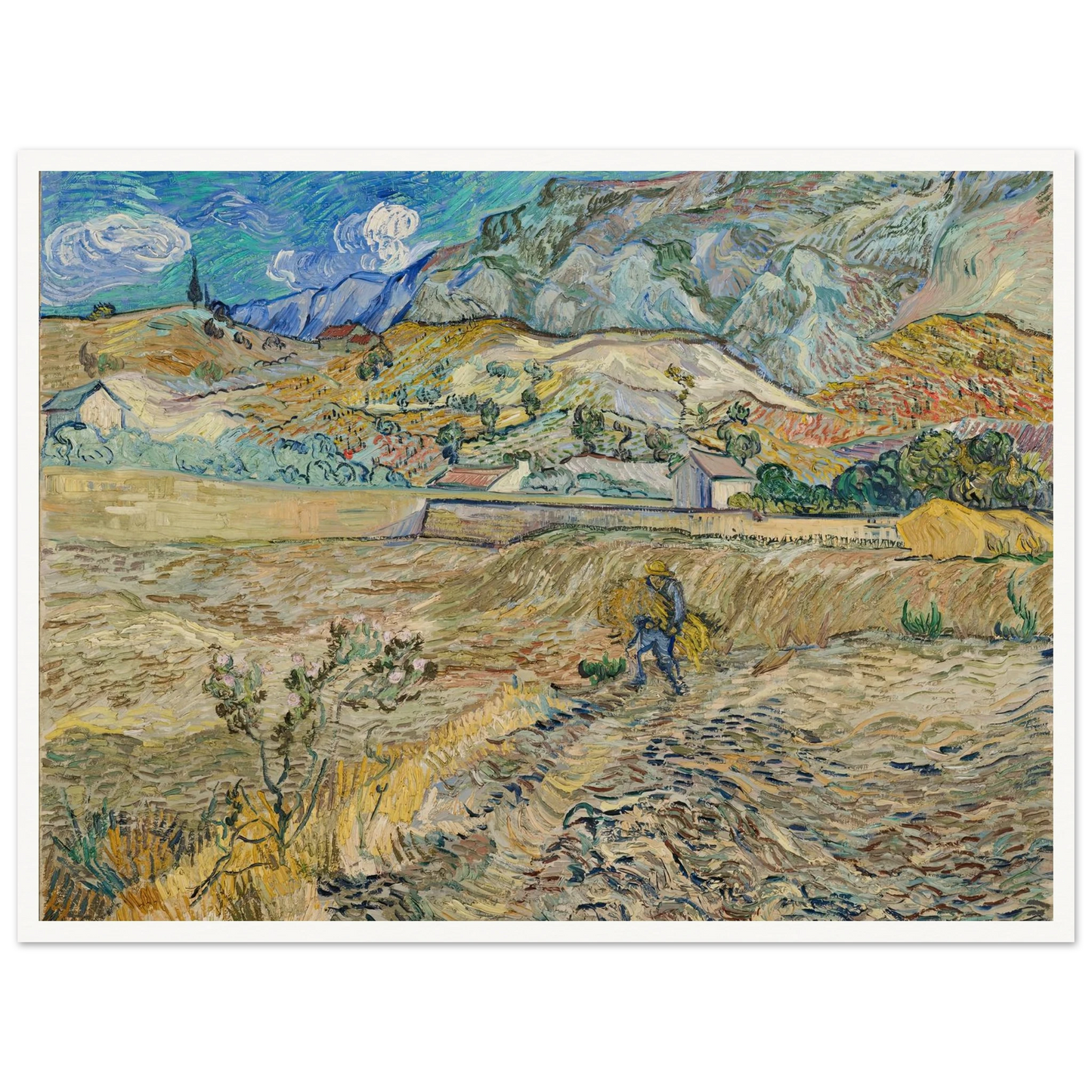 Landscape at Saint-Rémy (Enclosed Field with Peasant) (1889) Art Print | Vincent van Gogh - Framed Poster - 30x40 cm / 12x16″ - Black frame