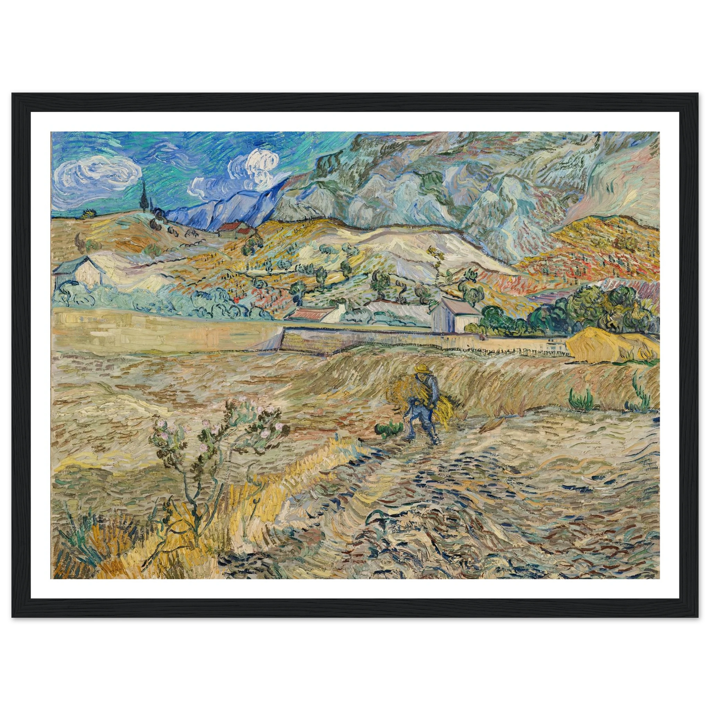 Landscape at Saint-Rémy (Enclosed Field with Peasant) (1889) Art Print | Vincent van Gogh - Framed Poster - 30x40 cm / 12x16″ - Black frame