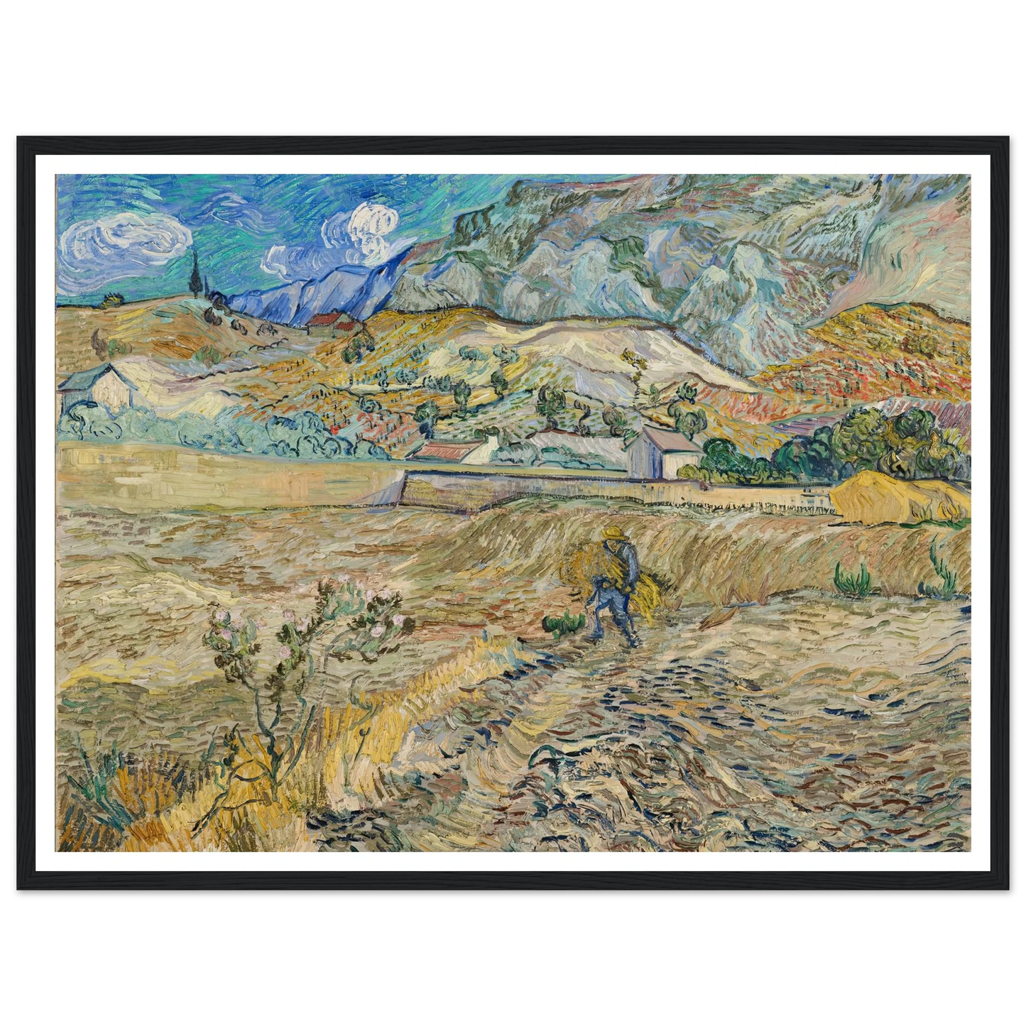 Landscape at Saint-Rémy (Enclosed Field with Peasant) (1889) Art Print | Vincent van Gogh - Framed Poster - 30x40 cm / 12x16″ - Black frame