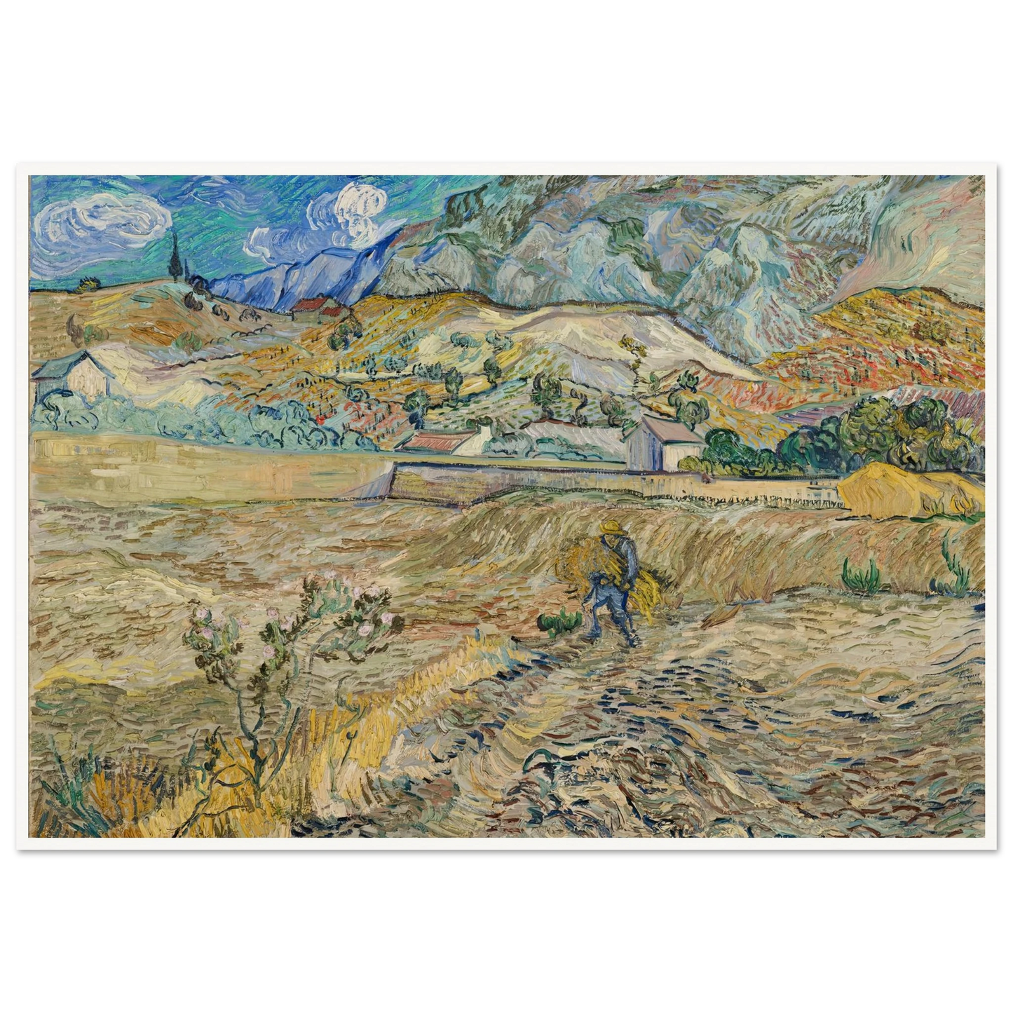 Landscape at Saint-Rémy (Enclosed Field with Peasant) (1889) Art Print | Vincent van Gogh - Framed Poster - 30x40 cm / 12x16″ - Black frame