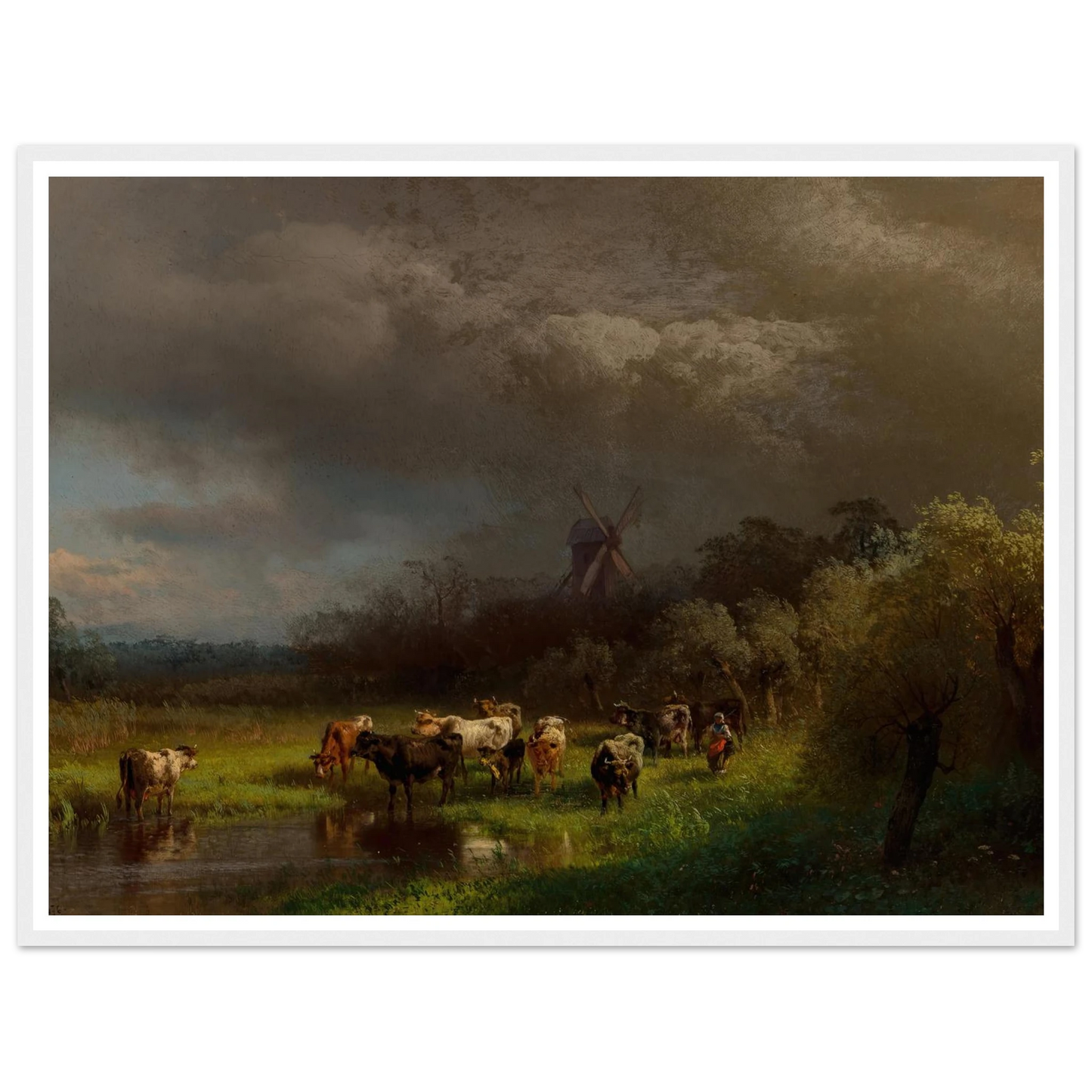 Landscape with a Windmill (1876) Art Print | Hermann Ottomar Herzog - Framed Poster - 30x40 cm / 12x16″ - Black frame