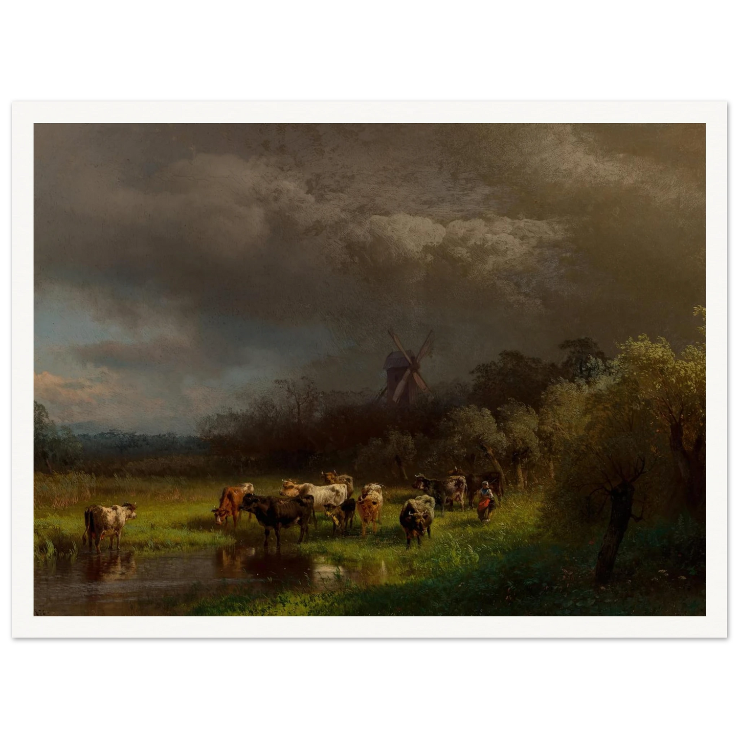 Landscape with a Windmill (1876) Art Print | Hermann Ottomar Herzog - Framed Poster - 30x40 cm / 12x16″ - Black frame
