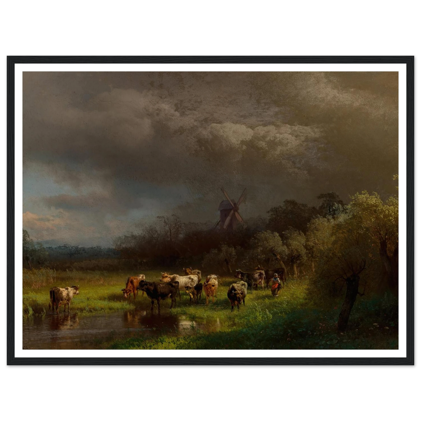 Landscape with a Windmill (1876) Art Print | Hermann Ottomar Herzog - Framed Poster - 30x40 cm / 12x16″ - Black frame