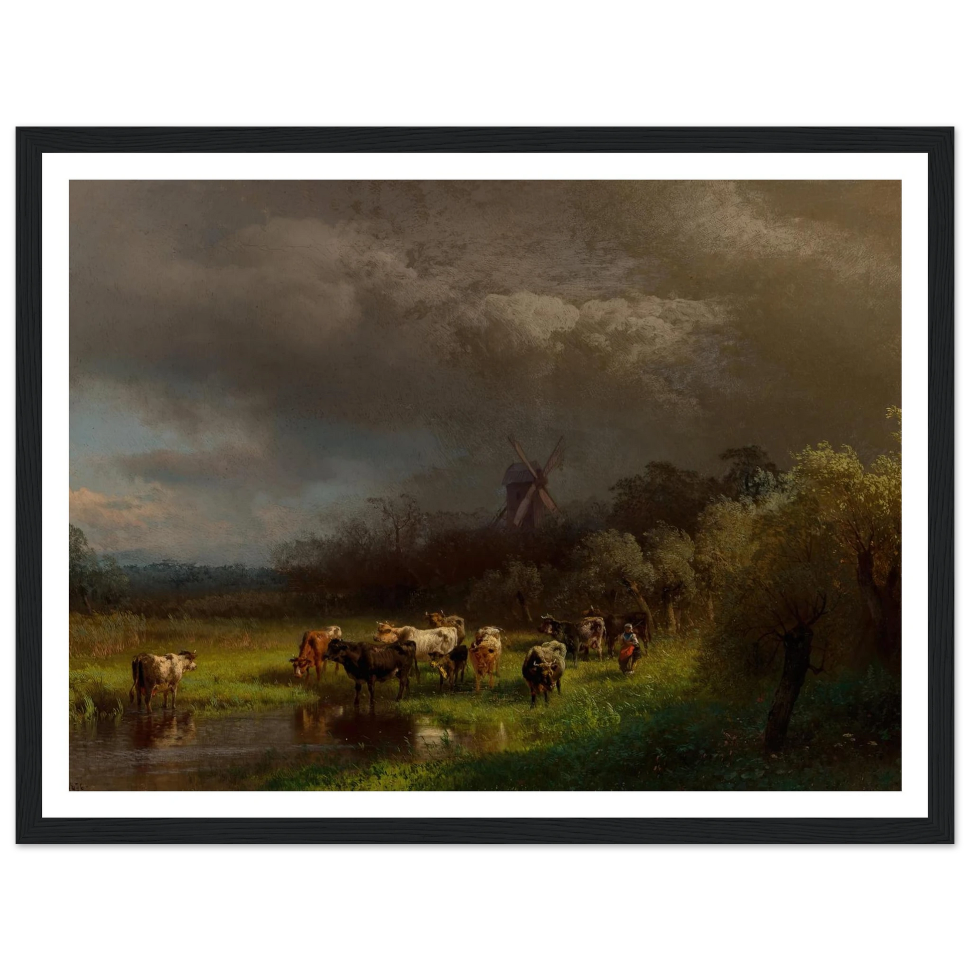Landscape with a Windmill (1876) Art Print | Hermann Ottomar Herzog - Framed Poster - 30x40 cm / 12x16″ - Black frame