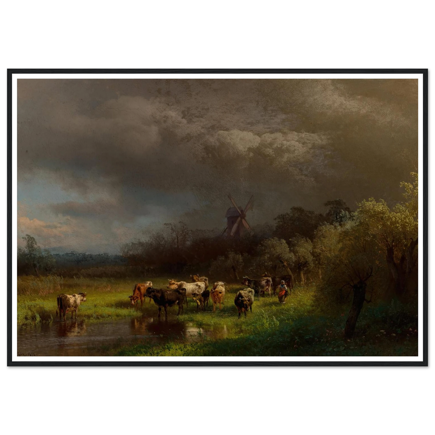 Landscape with a Windmill (1876) Art Print | Hermann Ottomar Herzog - Framed Poster - 30x40 cm / 12x16″ - Black frame