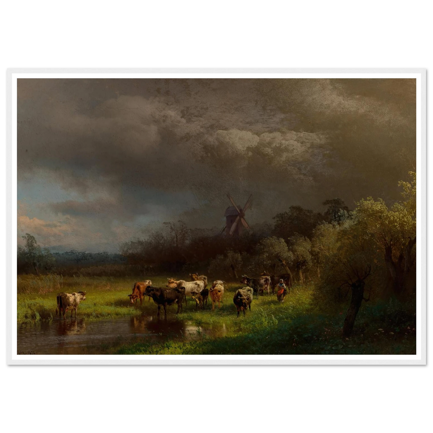 Landscape with a Windmill (1876) Art Print | Hermann Ottomar Herzog - Framed Poster - 30x40 cm / 12x16″ - Black frame