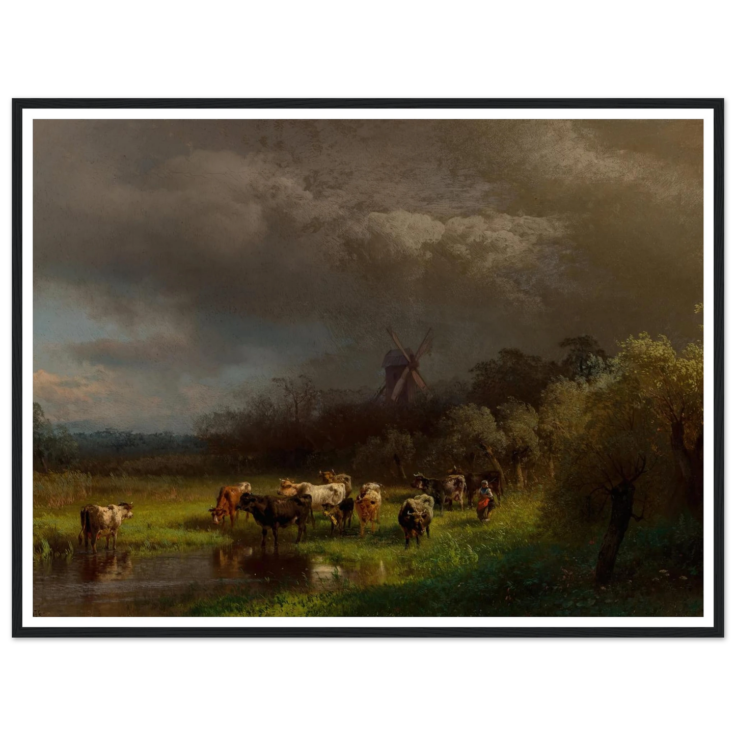 Landscape with a Windmill (1876) Art Print | Hermann Ottomar Herzog - Framed Poster - 30x40 cm / 12x16″ - Black frame