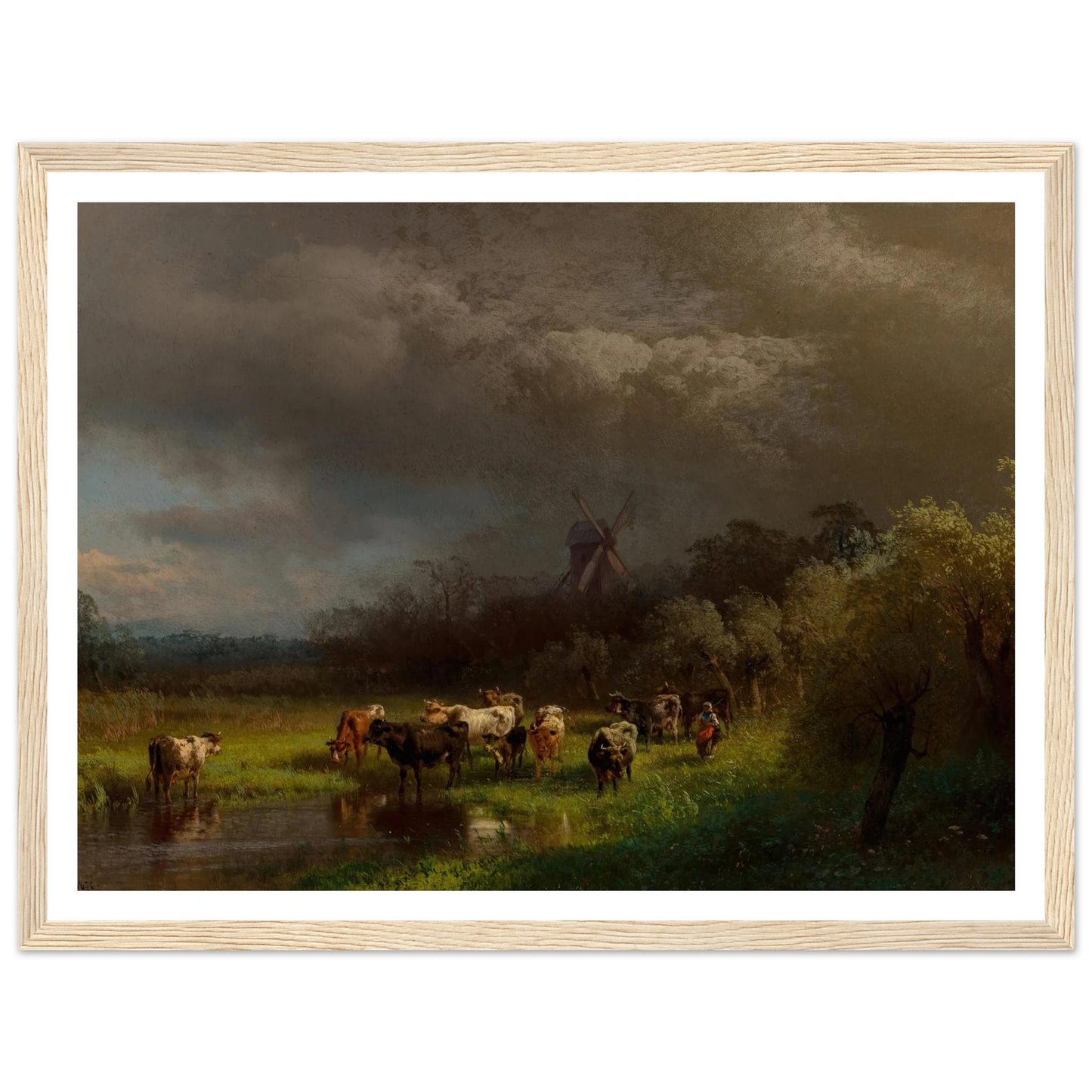 Landscape with a Windmill (1876) Art Print | Hermann Ottomar Herzog - Framed Poster - 30x40 cm / 12x16″ - Black frame