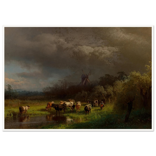 Landscape with a Windmill (1876) Art Print | Hermann Ottomar Herzog - Framed Poster - 30x40 cm / 12x16″ - Black frame