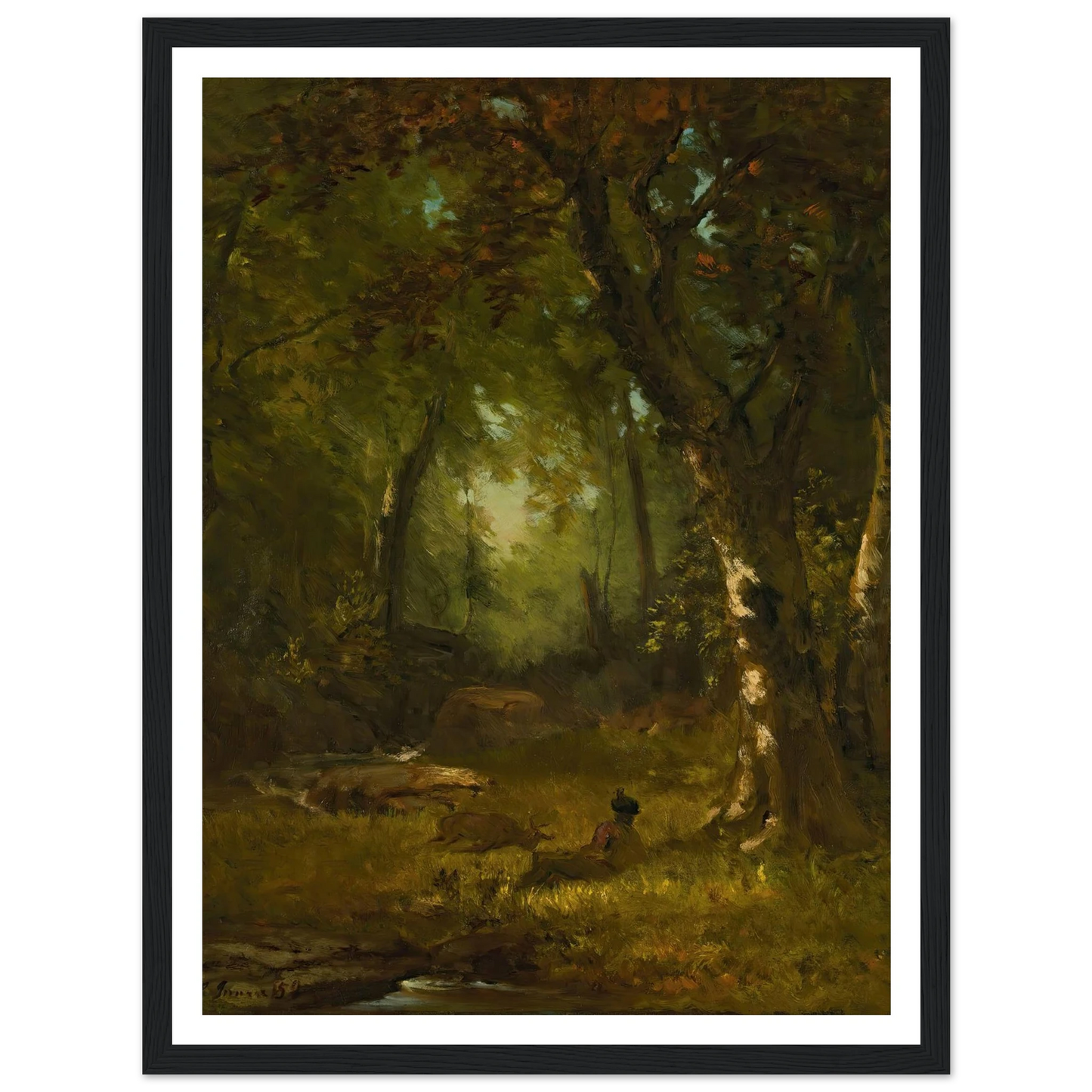 Landscape With Huntsman (1859) Art Print | George Inness - Framed Poster - 30x40 cm / 12x16″ - Black frame