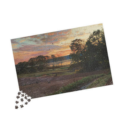Landscape with setting sun Puzzle | Peder Mork Monsted - - 252 pcs (Horizontal) - 