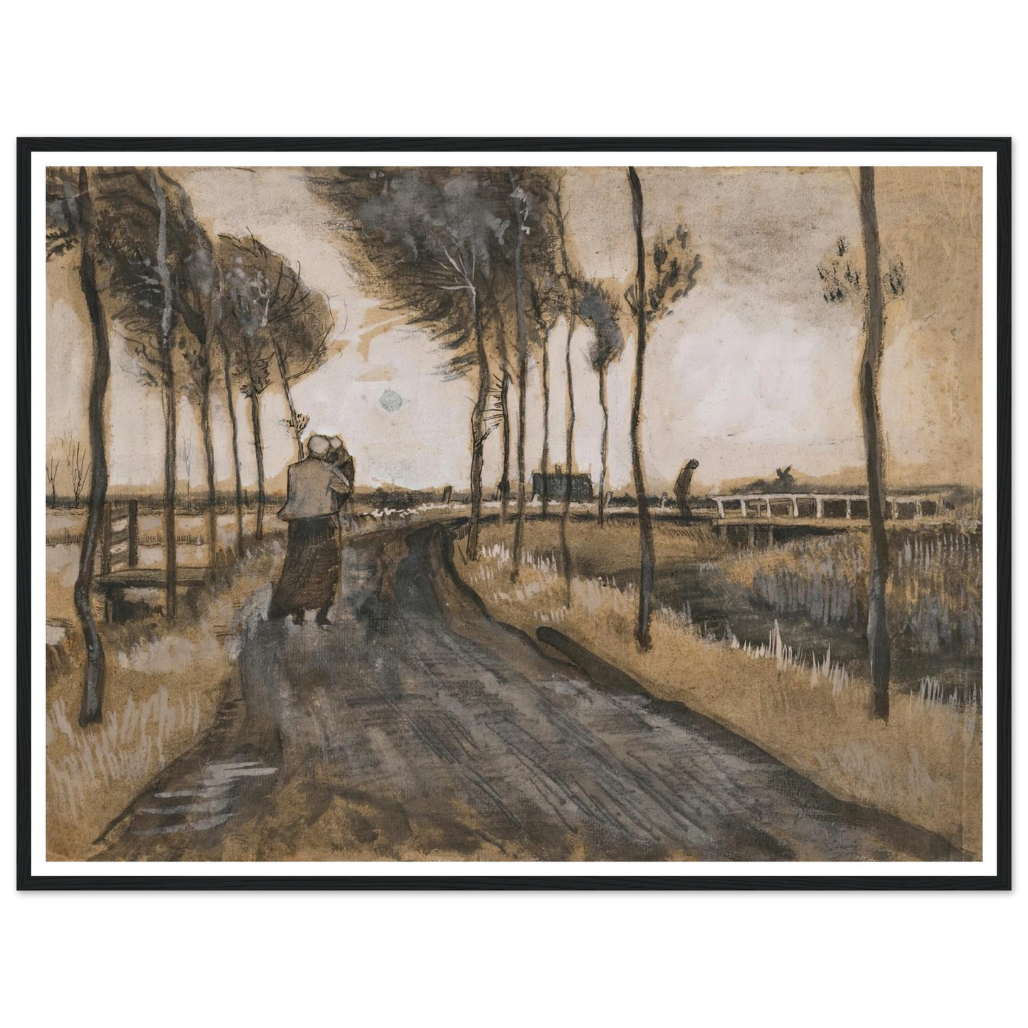 Landschap met Lopende Vrouw (1883) Art Print | Vincent van Gogh - Framed Poster - 30x40 cm / 12x16″ - Black frame