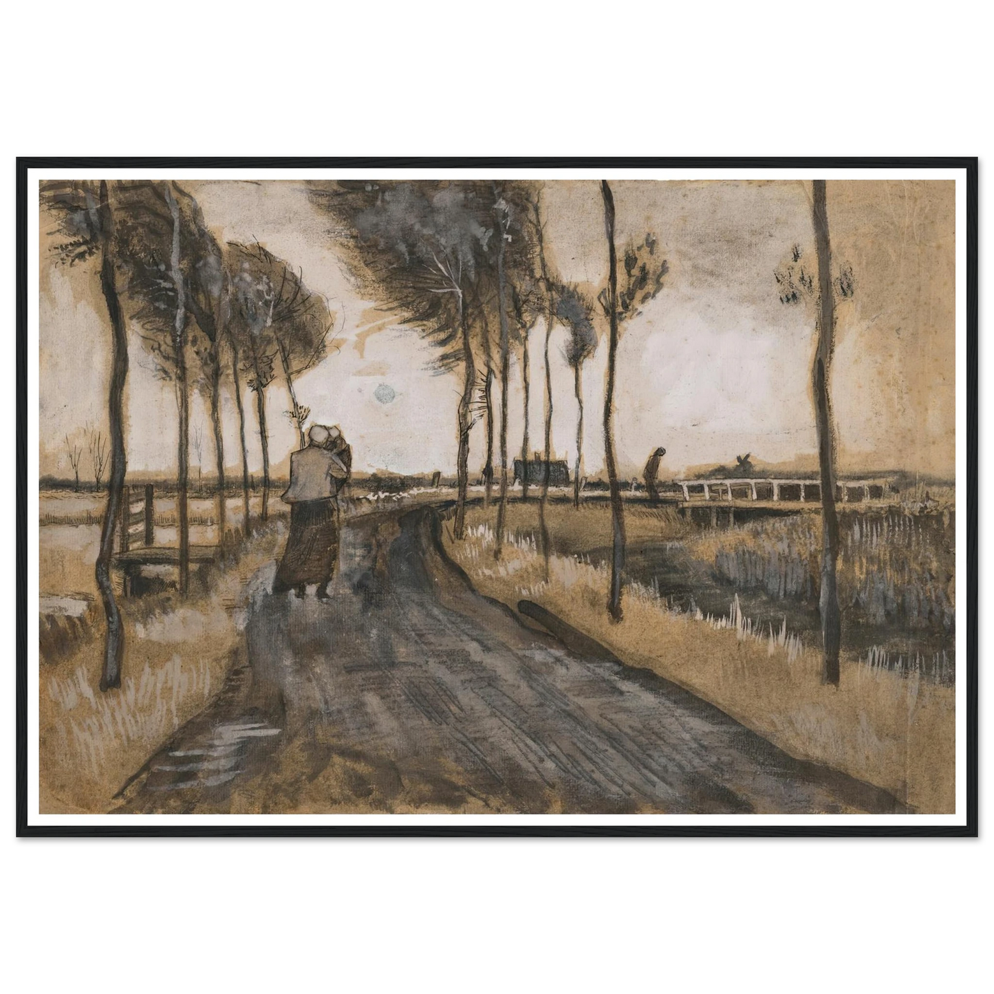 Landschap met Lopende Vrouw (1883) Art Print | Vincent van Gogh - Framed Poster - 30x40 cm / 12x16″ - Black frame