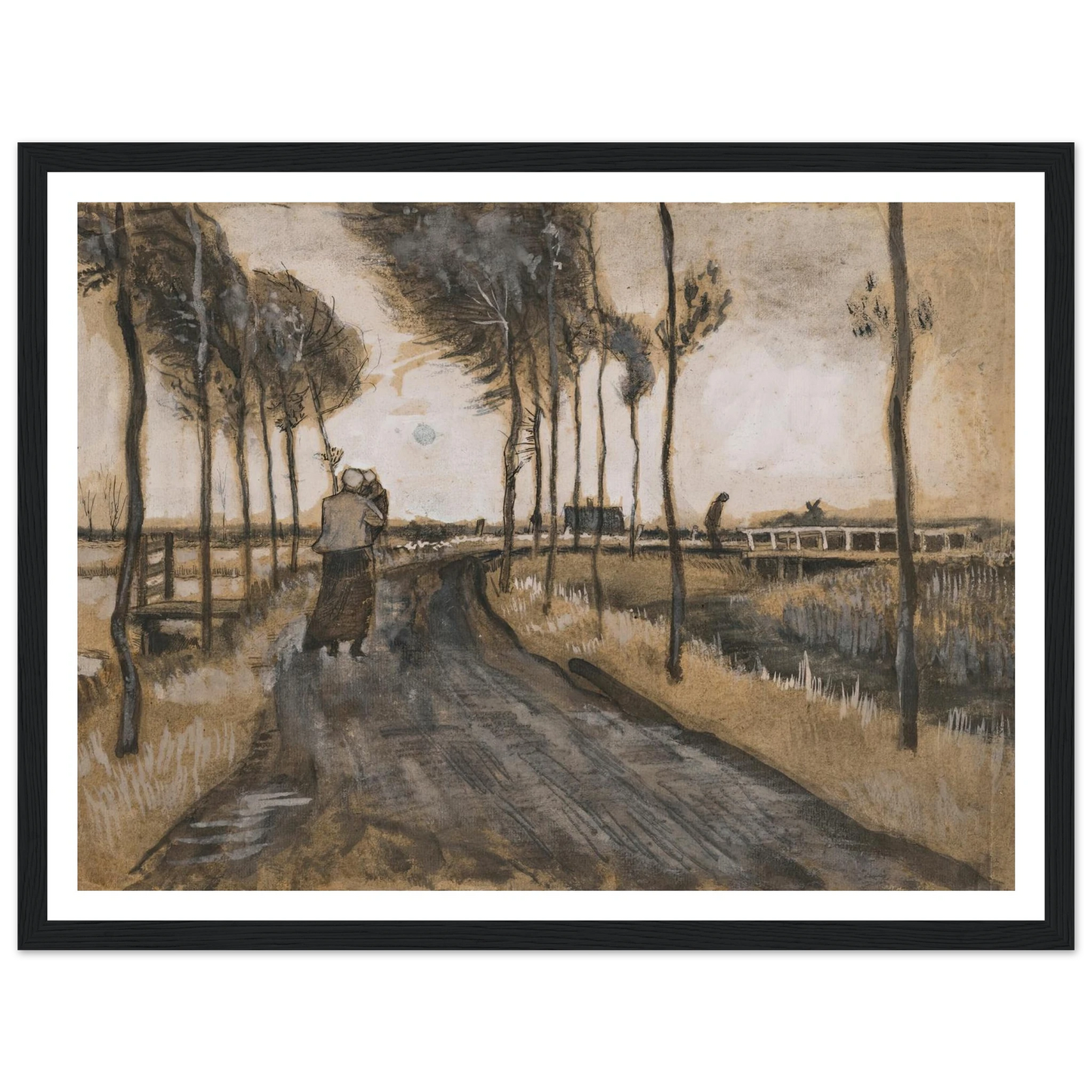 Landschap met Lopende Vrouw (1883) Art Print | Vincent van Gogh - Framed Poster - 30x40 cm / 12x16″ - Black frame