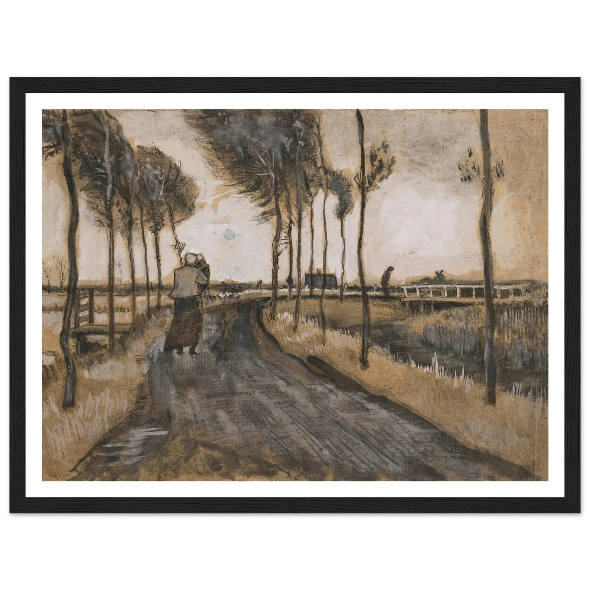 Landschap met Lopende Vrouw (1883) Art Print | Vincent van Gogh - Framed Poster - 30x40 cm / 12x16″ - Black frame