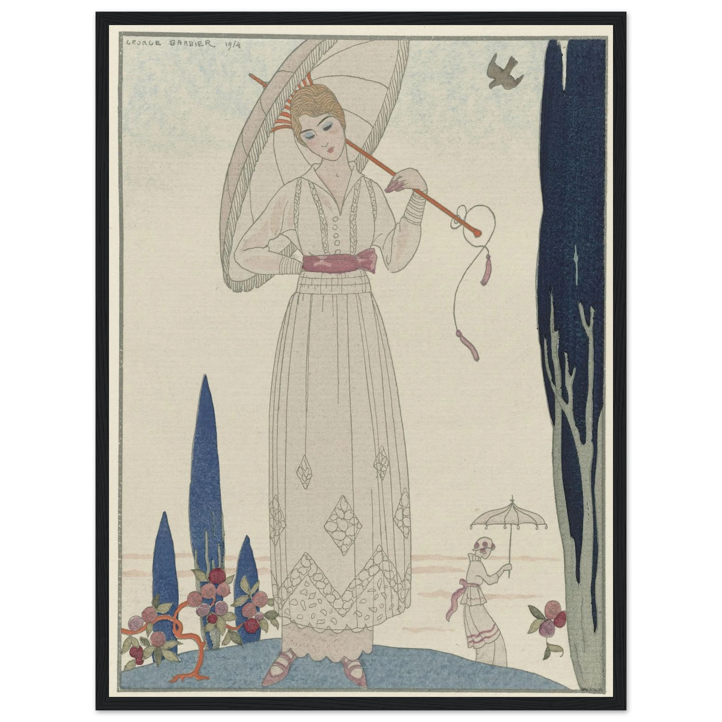 Le cyprès et la rose ; Robe d’été de Doeuillet (1914) Art Print | George Barbier - Framed Poster - 30x40 cm / 12x16″ - Black frame