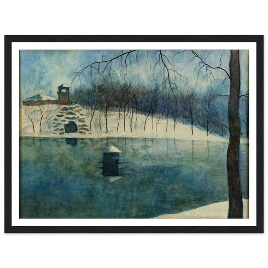 Le parc Léopold d’Ostende avec l’étang et le Trinkhall, sous la neige (1915) Art Print | Leon Spilliaert - Framed Poster - 30x40 cm / 12x16″ - Black frame