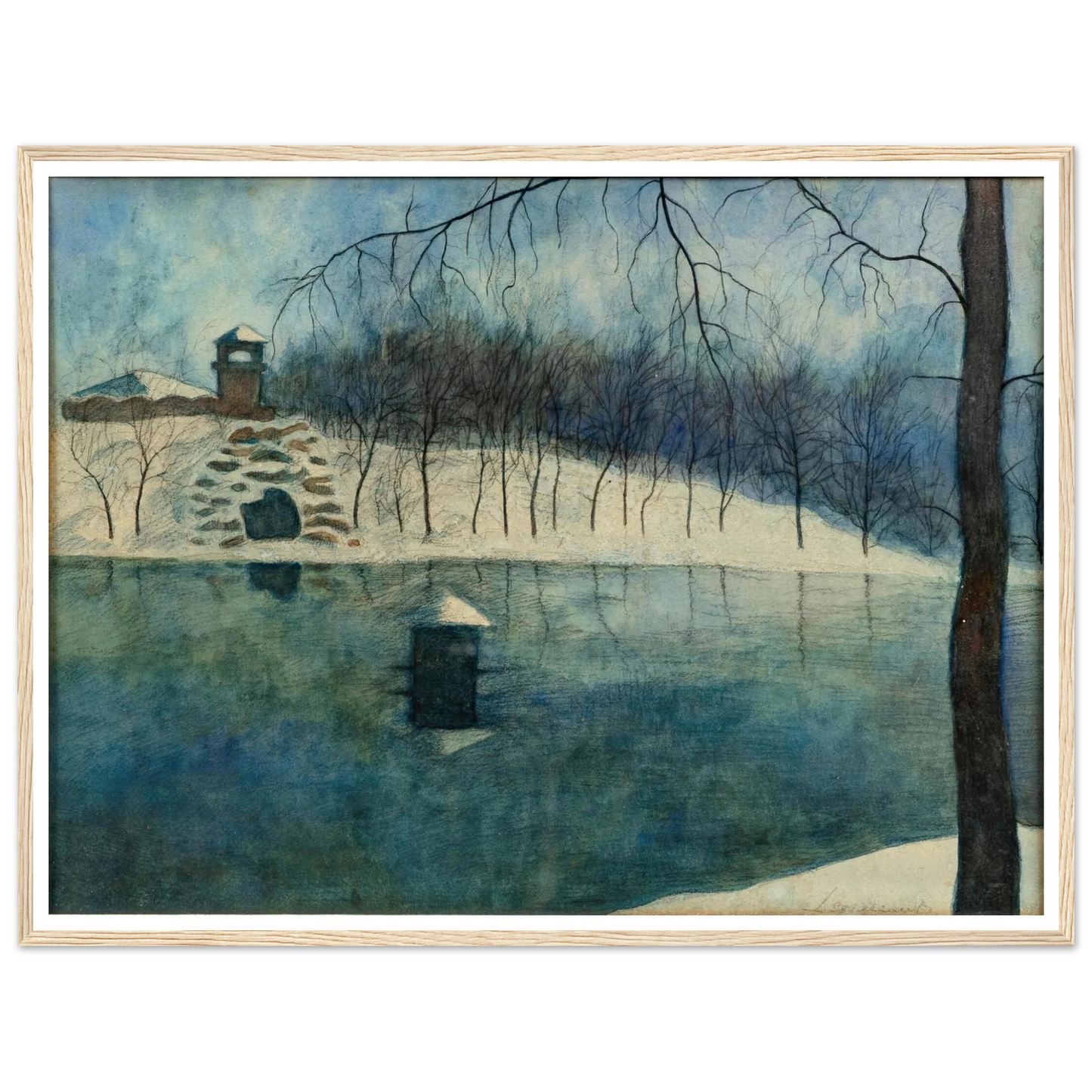 Le parc Léopold d’Ostende avec l’étang et le Trinkhall, sous la neige (1915) Art Print | Leon Spilliaert - Framed Poster - 30x40 cm / 12x16″ - Black frame