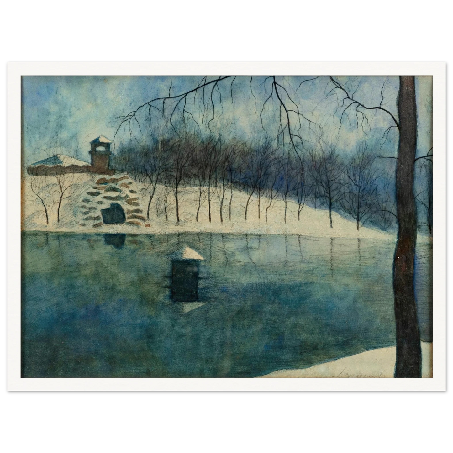 Le parc Léopold d’Ostende avec l’étang et le Trinkhall, sous la neige (1915) Art Print | Leon Spilliaert - Framed Poster - 30x40 cm / 12x16″ - Black frame