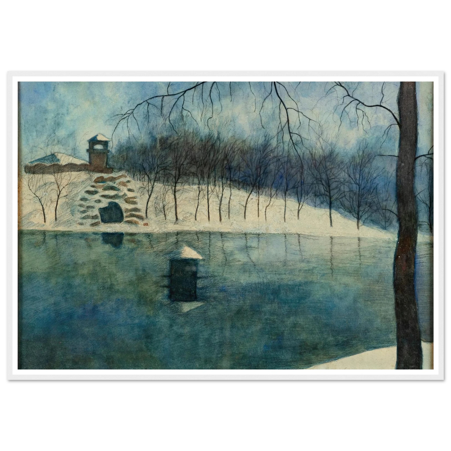 Le parc Léopold d’Ostende avec l’étang et le Trinkhall, sous la neige (1915) Art Print | Leon Spilliaert - Framed Poster - 30x40 cm / 12x16″ - Black frame