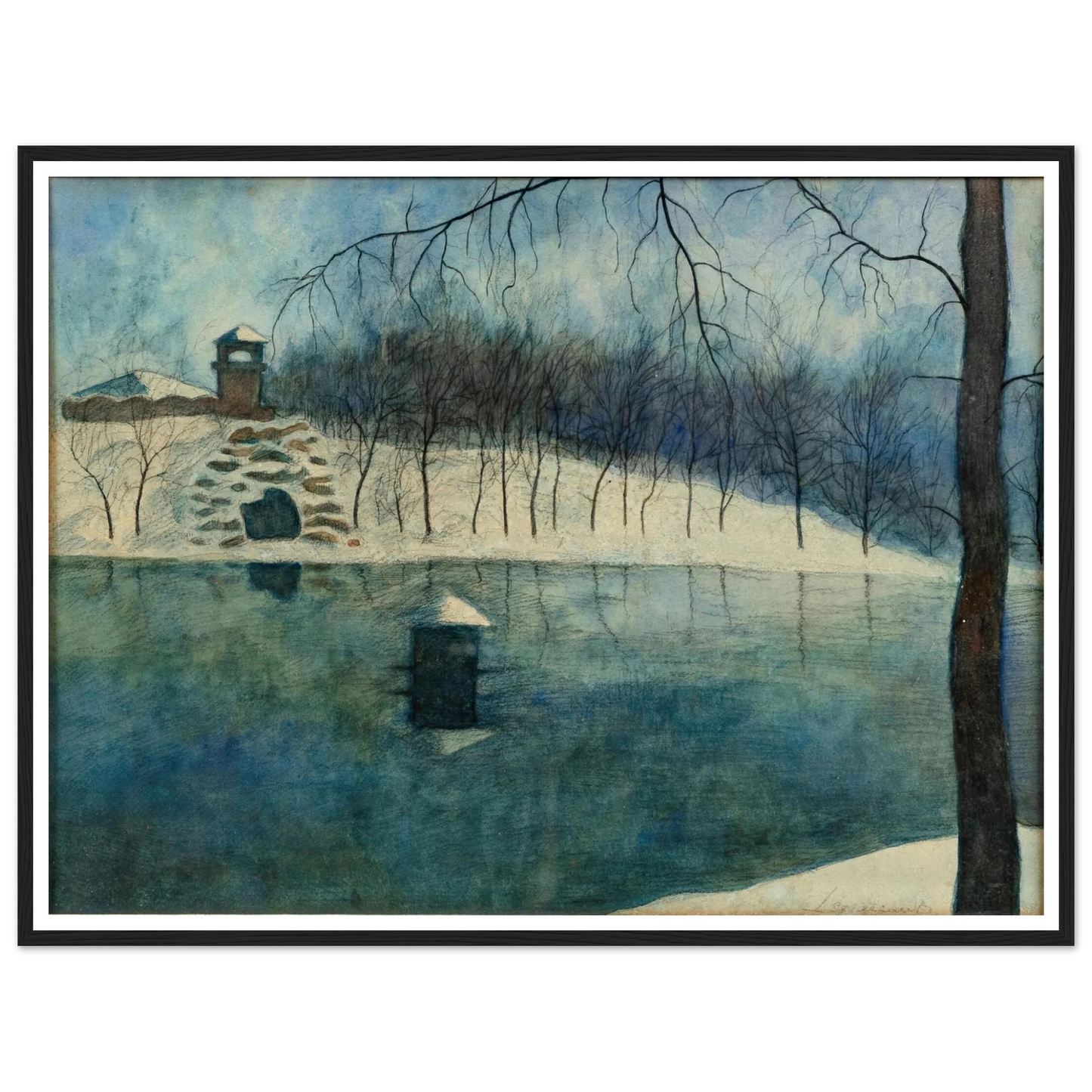 Le parc Léopold d’Ostende avec l’étang et le Trinkhall, sous la neige (1915) Art Print | Leon Spilliaert - Framed Poster - 30x40 cm / 12x16″ - Black frame