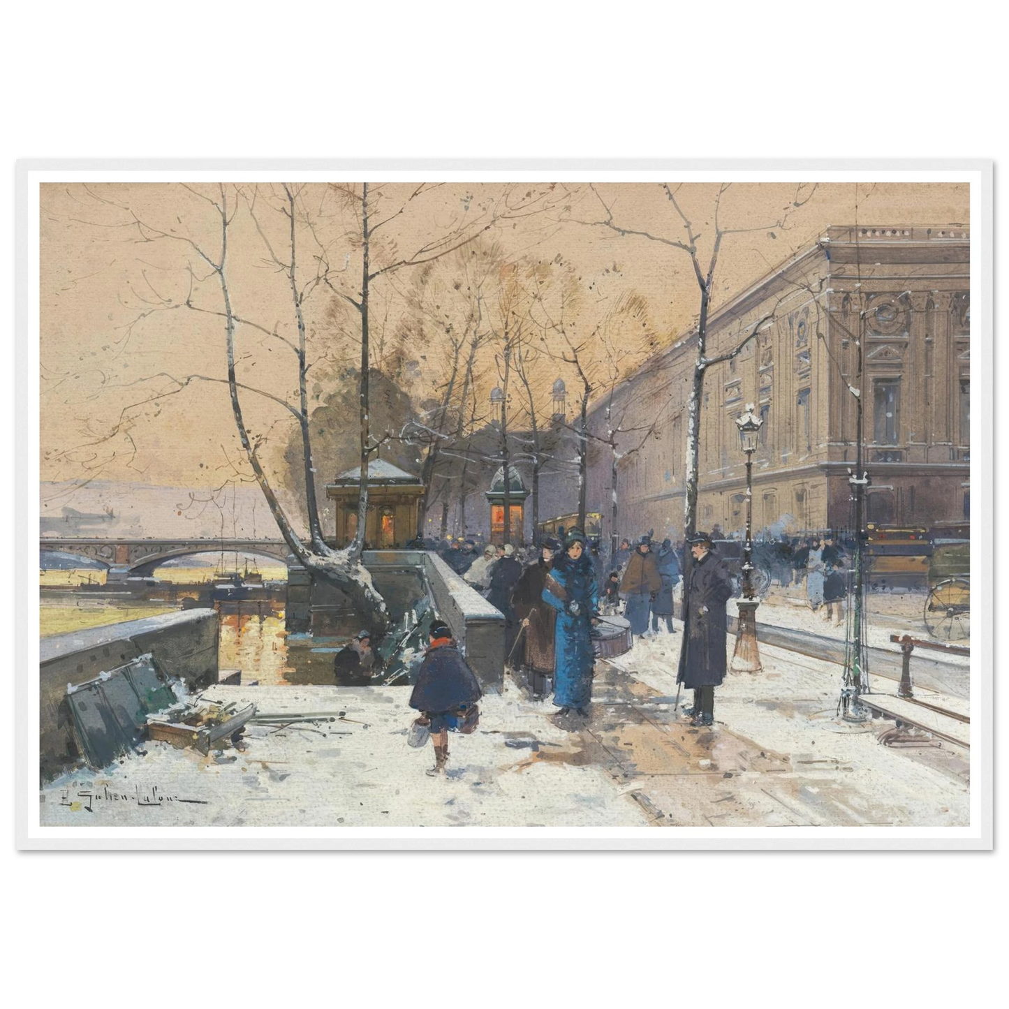 Les bords de la Seine près de Châtelet Art Print | Eugene Galien Laloue - Framed Poster - 30x40 cm / 12x16″ - Black frame