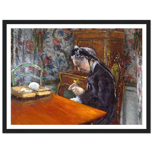 Mademoiselle Boissière Knitting (1877) Art Print | Gustave Caillebotte - Framed Poster - 30x40 cm / 12x16″ - Black frame