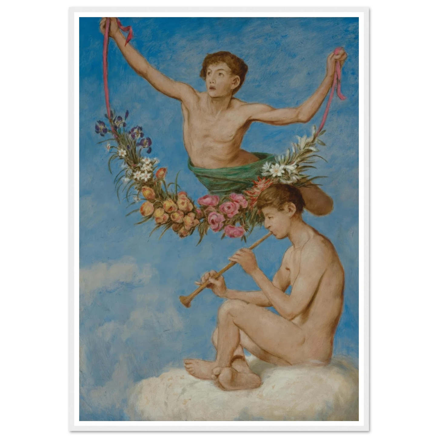 Mai (zwei Jugendliche Genien mit Blumen) (1906) Art Print | Hans Thoma - Framed Poster - 30x40 cm / 12x16″ - Black frame