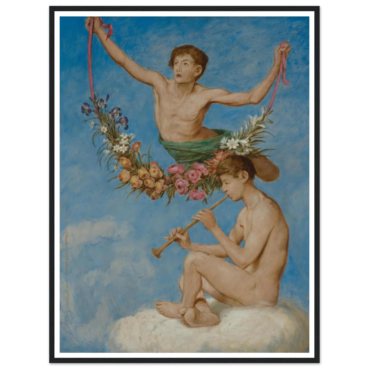 Mai (zwei Jugendliche Genien mit Blumen) (1906) Art Print | Hans Thoma - Framed Poster - 30x40 cm / 12x16″ - Black frame