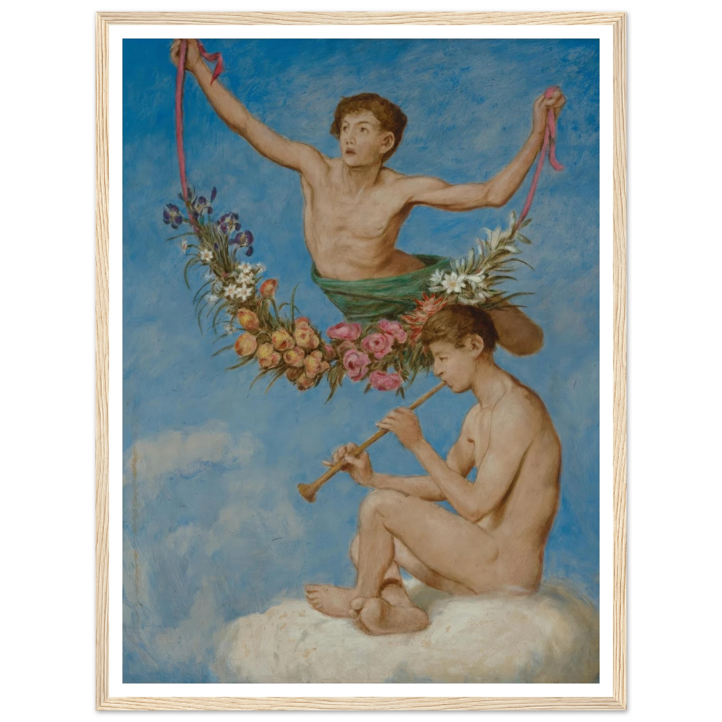 Mai (zwei Jugendliche Genien mit Blumen) (1906) Art Print | Hans Thoma - Framed Poster - 30x40 cm / 12x16″ - Black frame