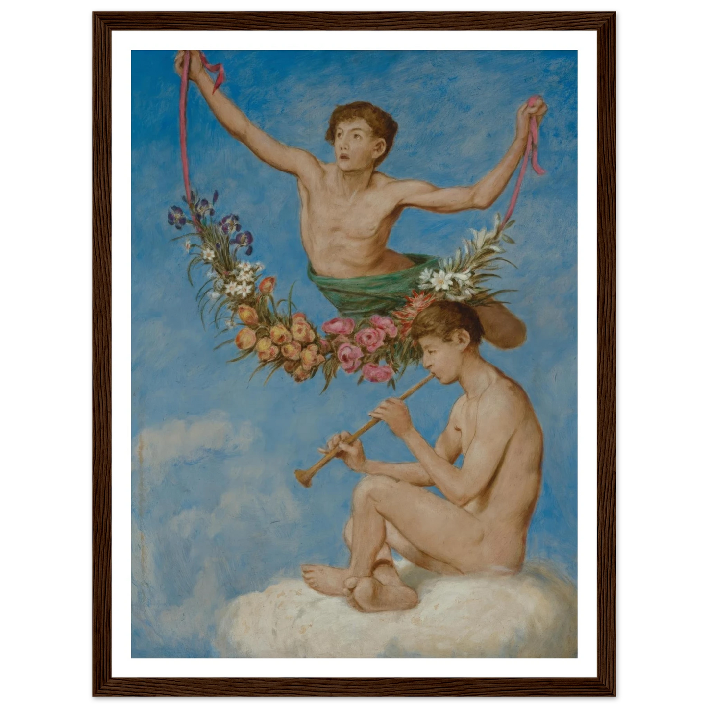 Mai (zwei Jugendliche Genien mit Blumen) (1906) Art Print | Hans Thoma - Framed Poster - 30x40 cm / 12x16″ - Black frame