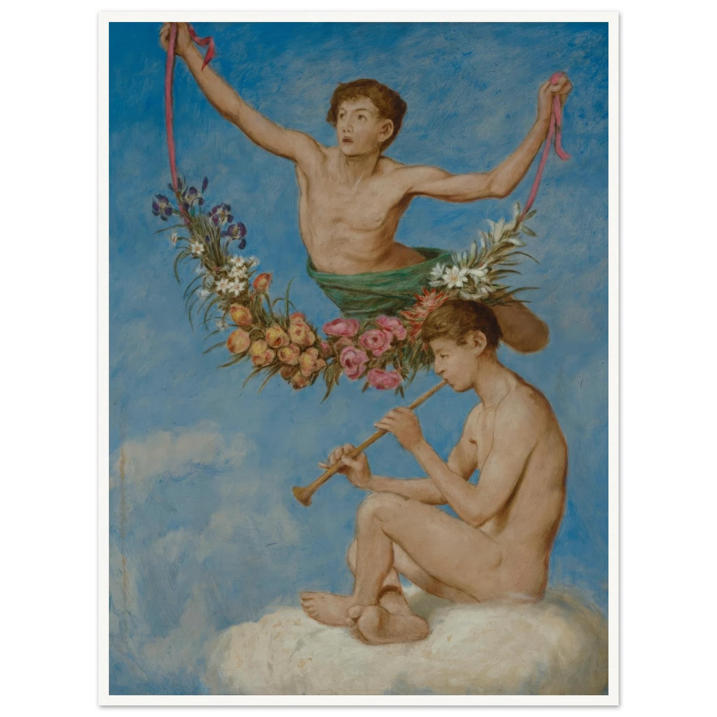 Mai (zwei Jugendliche Genien mit Blumen) (1906) Art Print | Hans Thoma - Framed Poster - 30x40 cm / 12x16″ - Black frame