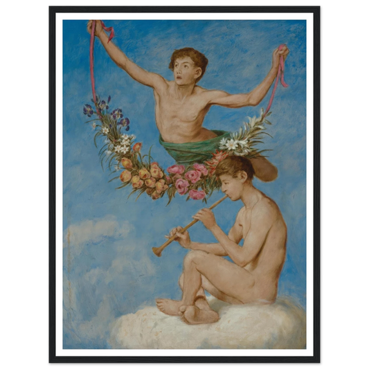 Mai (zwei Jugendliche Genien mit Blumen) (1906) Art Print | Hans Thoma - Framed Poster - 30x40 cm / 12x16″ - Black frame