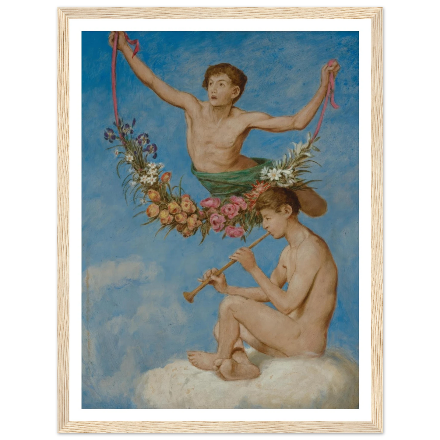 Mai (zwei Jugendliche Genien mit Blumen) (1906) Art Print | Hans Thoma - Framed Poster - 30x40 cm / 12x16″ - Black frame