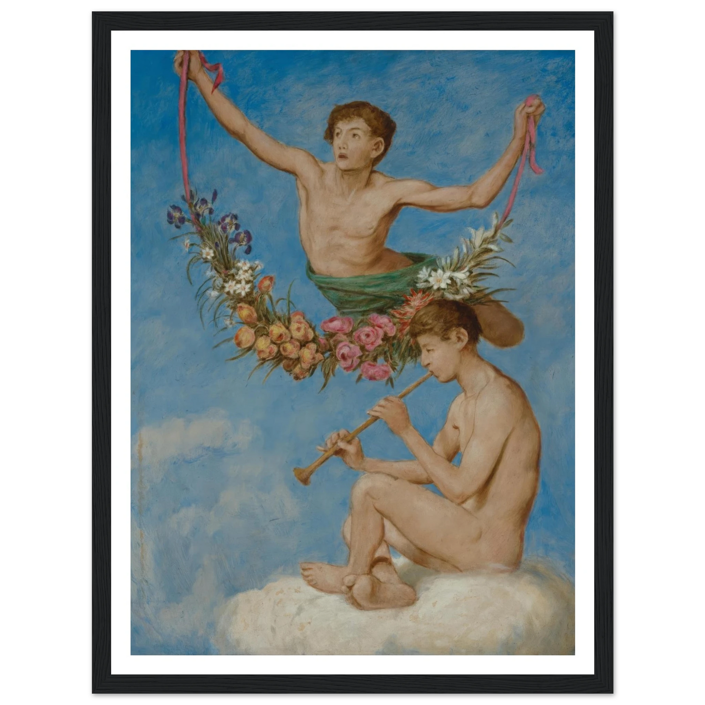 Mai (zwei Jugendliche Genien mit Blumen) (1906) Art Print | Hans Thoma - Framed Poster - 30x40 cm / 12x16″ - Black frame